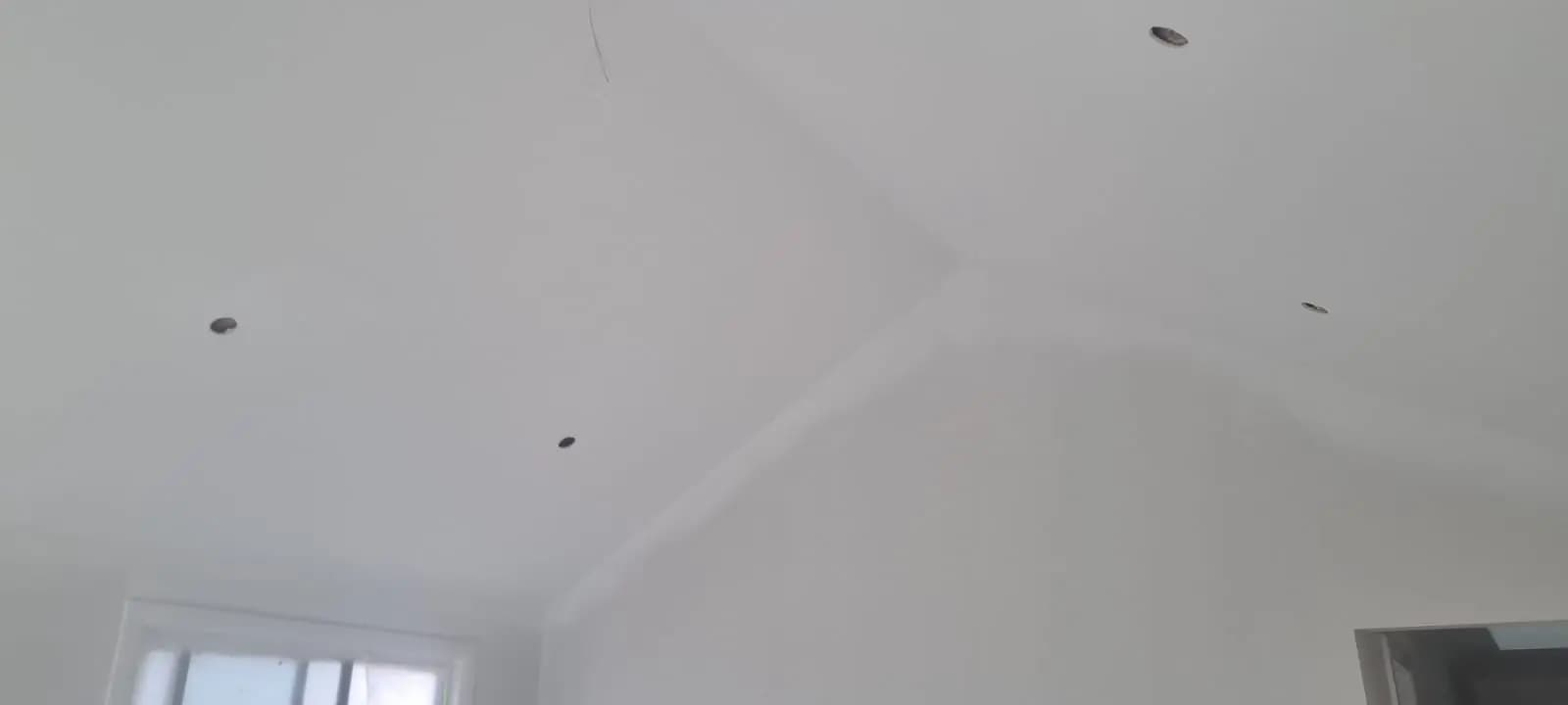 The same raked ceiling finished in flat white, with downlight cut-outs and a clean line where the ceiling meets the wall.